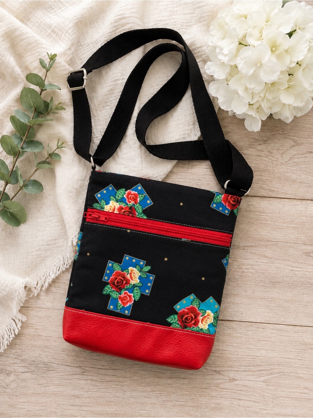 NWT Handmade Floral Crossbody Bag – Black Red Rose & Blue Cross Print